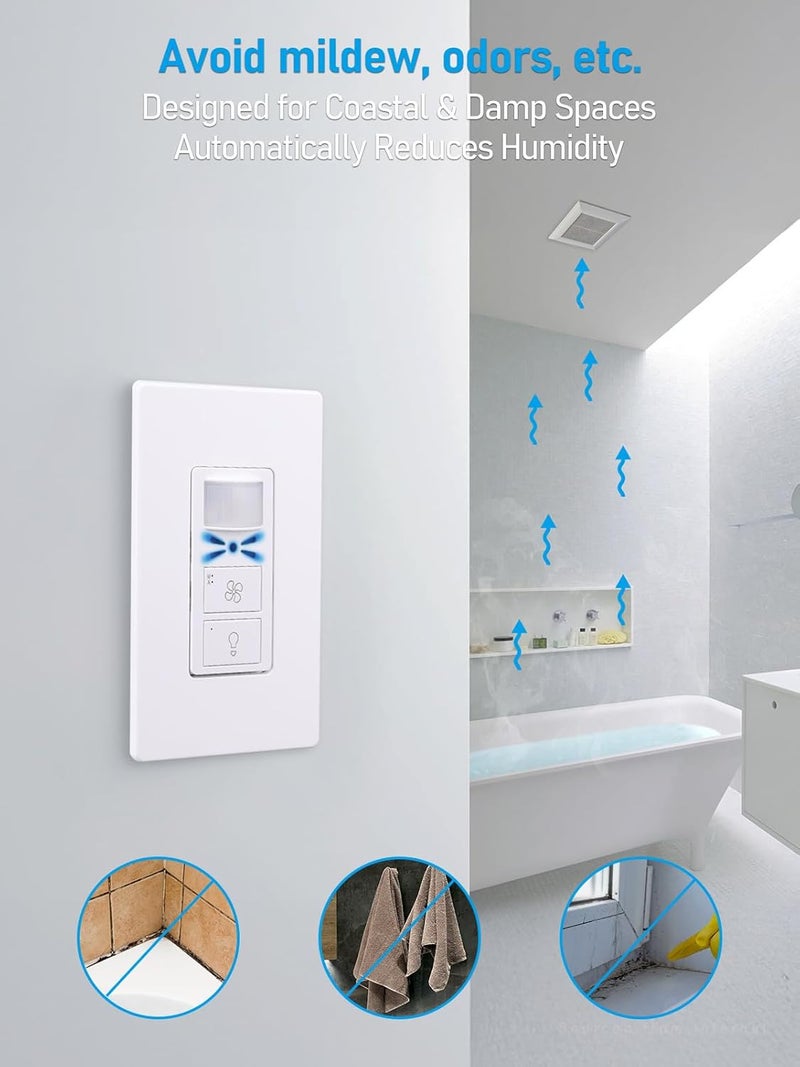 TORCHSTAR Humidity Sensor Switch with PIR Motion Detection, Adjustable Timing, Moisture Control, Automatic Fan & Light Control for Bathrooms Basements, Single Pole, 1/2 HP, White, ETL Certified - Image 4